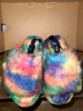 UGG Multicolor Tie-Dye Faux Fur Slide Sandals W/Box Only Used 2 Times- Like New